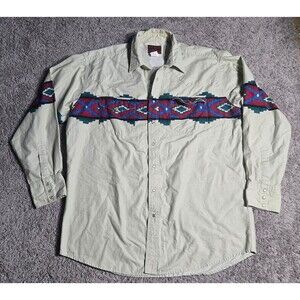 Vintage Rustler Pearl Snap Down Western Shirt Aztec Beige Green Men's XL Tall